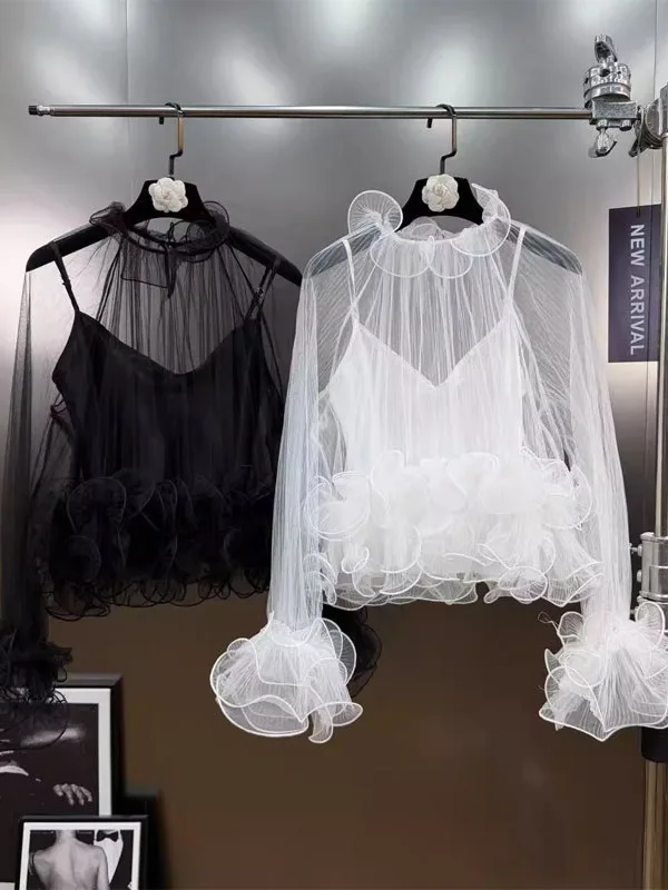 

Сексуальный длинный све кружевной топ Me irt V Ne, женский модный полупрозрачный топ с рюшами и поясом, корейский свободный крой, повседневная одежда