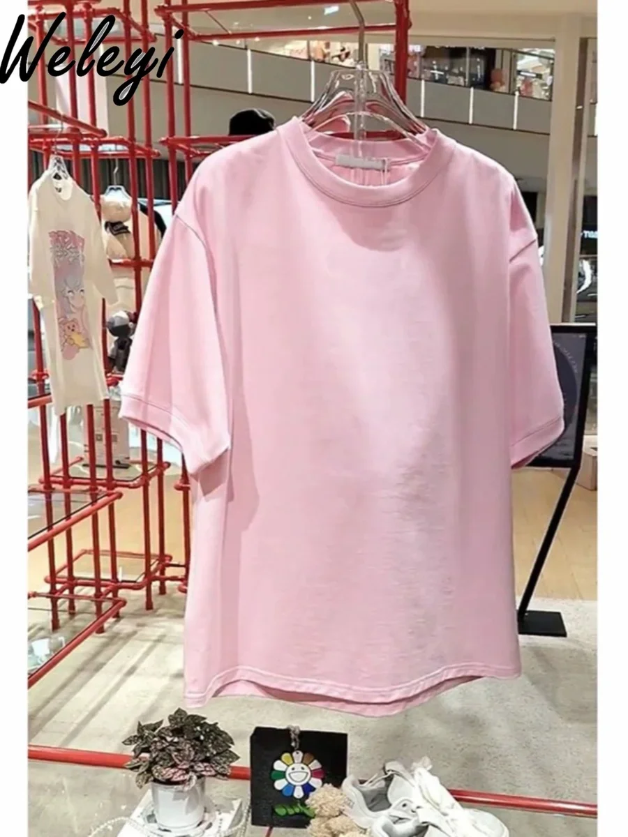 Loose Woman\'s Three-Dimensional Doll Bear Pink T-shirt 2024 Summer New Oversize Half Sleeve T-shirts for Women Mid-Length Top