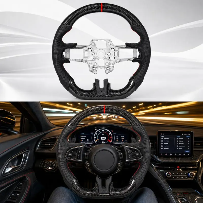 Volant de course en cuir perforé avec revêtement Hydro-Dip imitation carbone pour Ford Mustang 2018~2023 GT350 GT500 Red Line