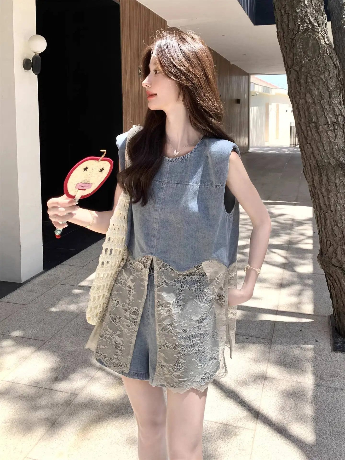 

Women's 2026 Summer New Design Denim Set Lace Patchwork Sleeveless Tank Top And Shorts Two Piece Outfit