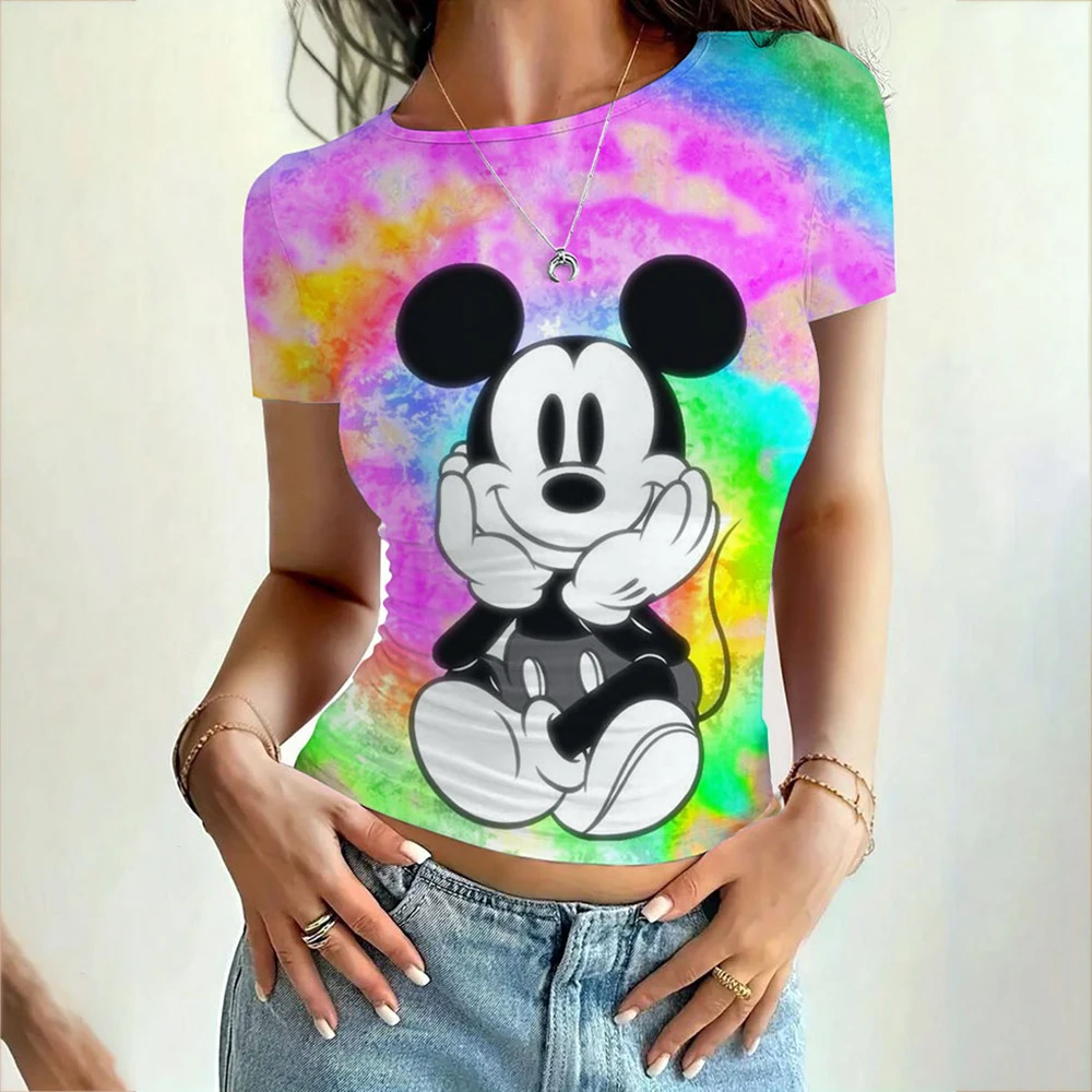 ديزني ميكي ماوس طباعة 2025 الصيف مثير المرأة الأساسية س الرقبة قصيرة الأكمام تي شيرت المرأة سليم صالح مطاطا تي شيرت أعلى 20 co