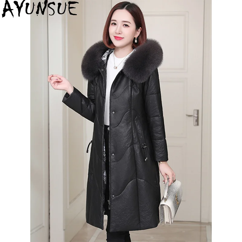 AYUNSUE Kurtka puchowa z prawdziwej skóry damska, średniej długości płaszcz z owczej skóry, zimowe ubrania damskie, kołnierz z futra lisa, Jaqueta De Couro