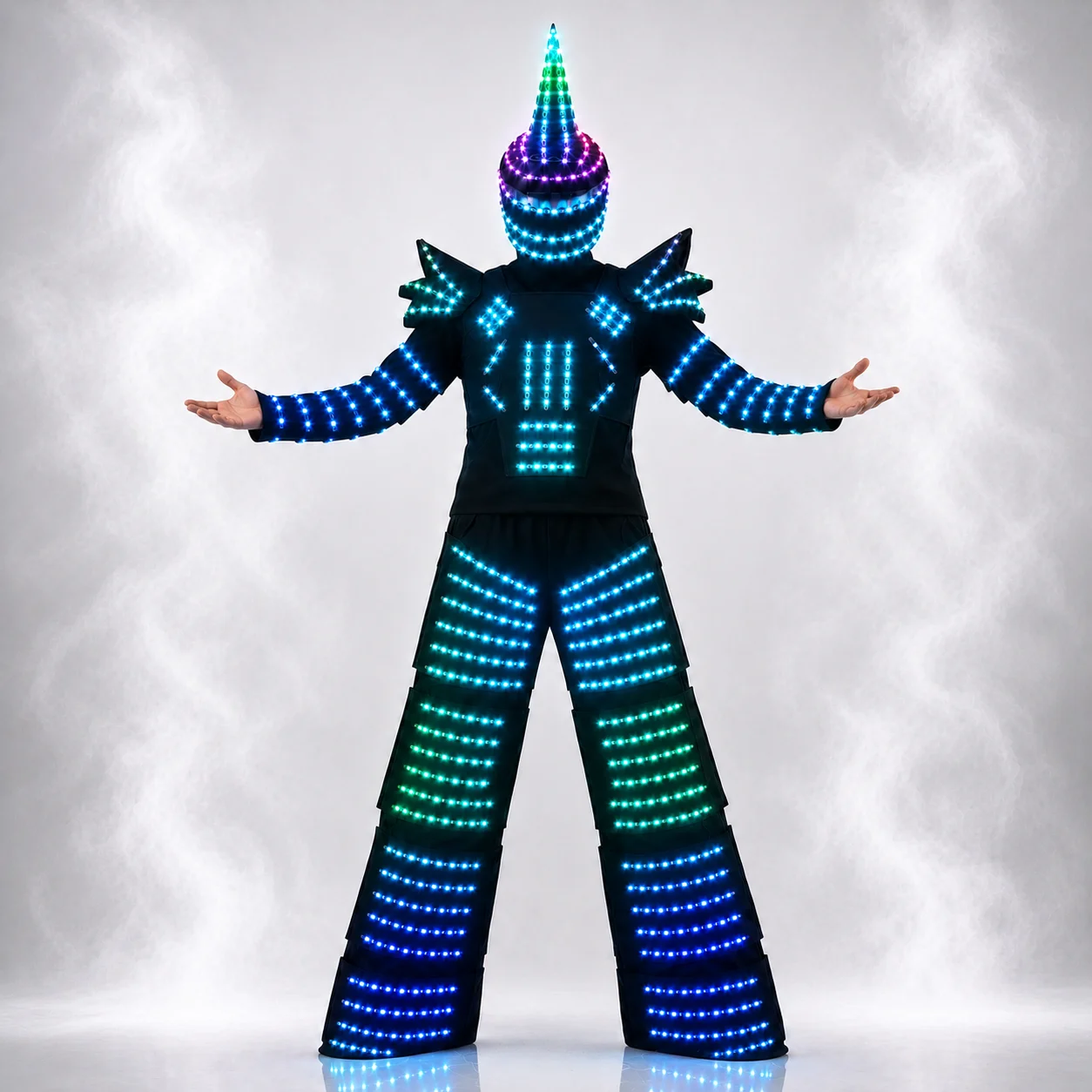 RGB LED Futuristic Armor Costume with Helmet Remote Control Light Up Robot Suit for Stage Show DJ Festival Party Performance