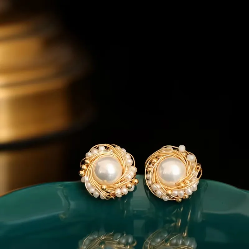 FXLRY High-end Handmade Baroque Pearl Personality Hand-Wound Small Stud Earrings  For Women Jewelry Accessory