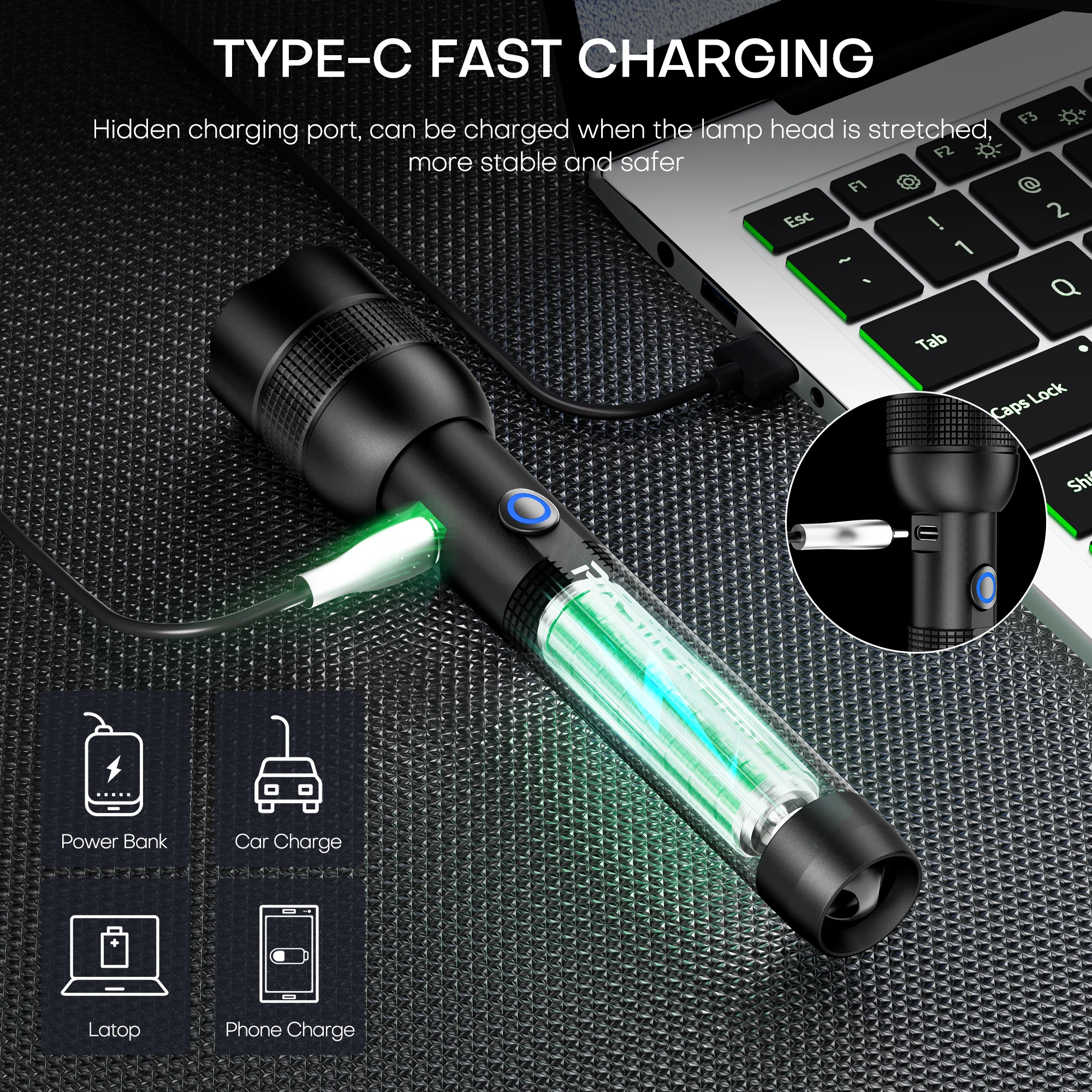 EDC Optical Zoom Flashlight Portable Flashlight With 4 Lighting Modes USB C Rechargeable For Self Defense Camping