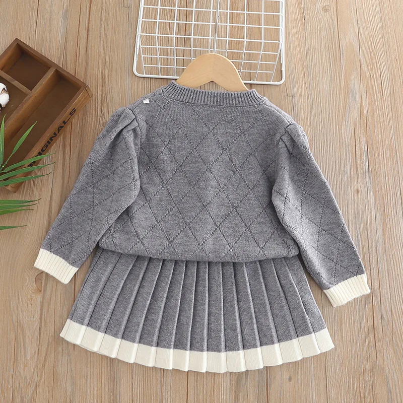 Girls College Style Sweater Cardigan Skirt Suit Autumn and Winter 2026 New Top + Skirt Children's Bow Knitted Two-piece Set