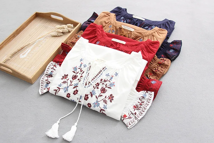 Bohemian Blouse 2021 Women Pullover Female Spring Autumn Spain Style Boho Ethnic Flare Sleeve Embroidery Shirt Blusa Tops