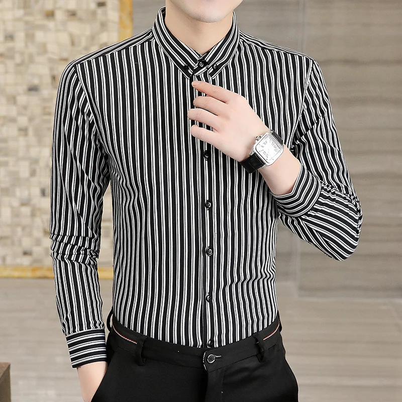 

Black Striped Gentleman Business Casual Long Sleeve Shirts For Men Autumn New Quality Polyester Smooth Comfortable Chemise Homme