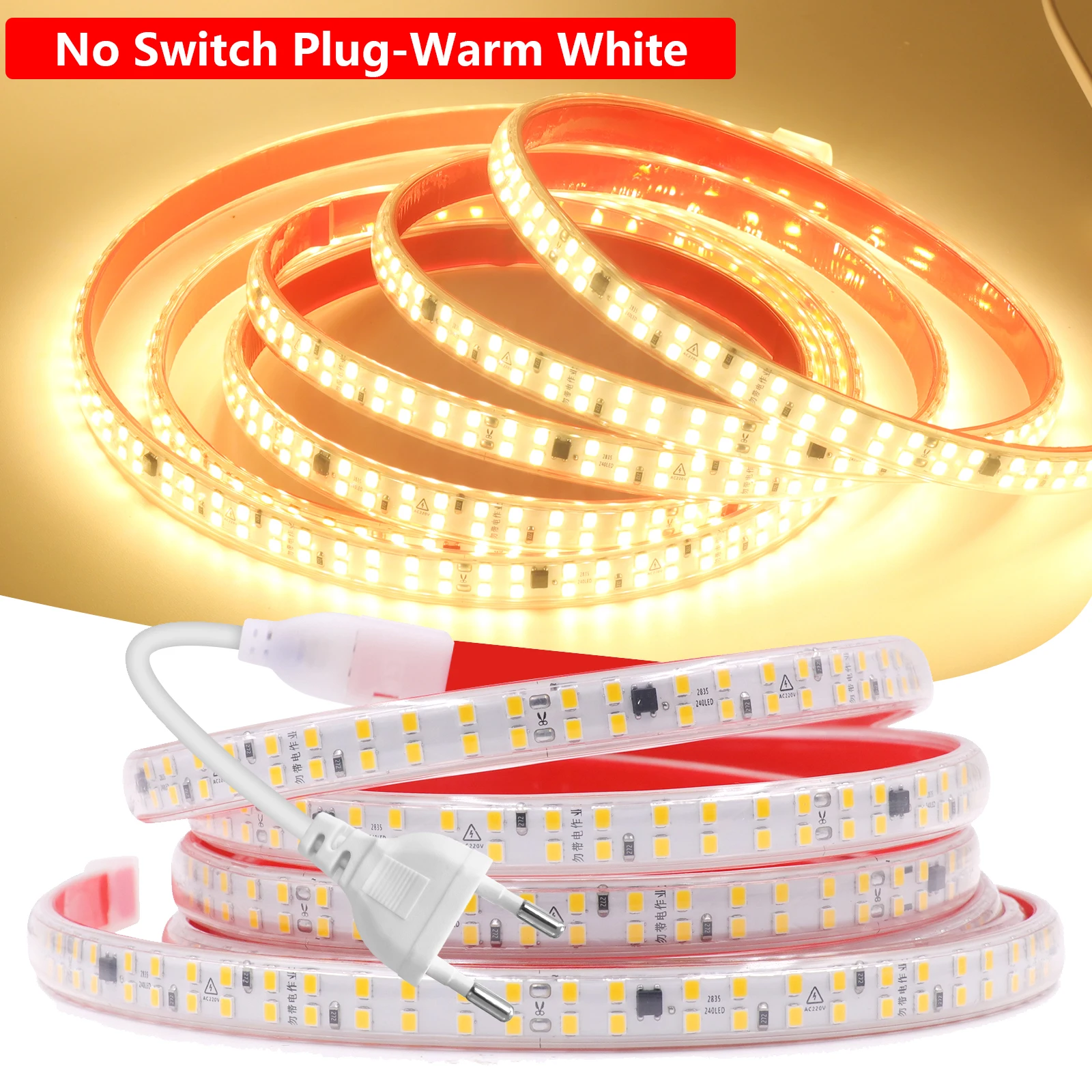 240LED/m LED Light Strip with 220V Plug and Switch Waterproof 10cm Cuttable Flexible Tape LED Kitchen Light Under Cabinet