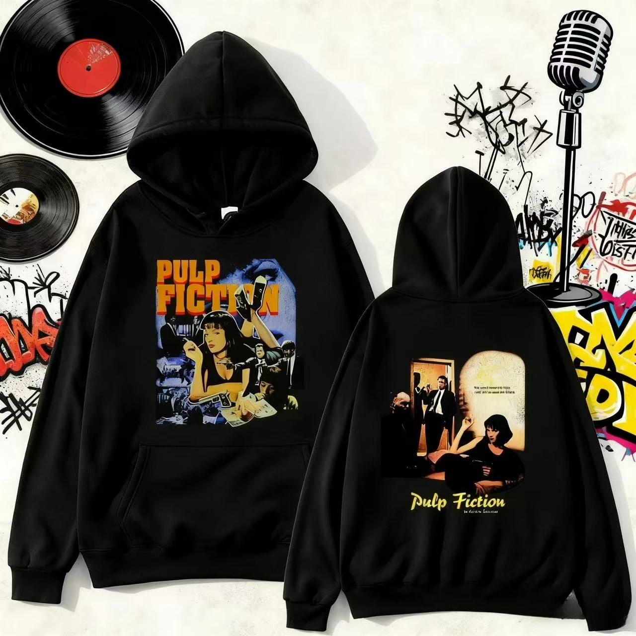90年代映画「パルプ・フィクション」ミア・ウォレス柄プリントフーディー、クエンティン・タランティーノ、y2k2025秋冬プリント、100-純綿フーディー