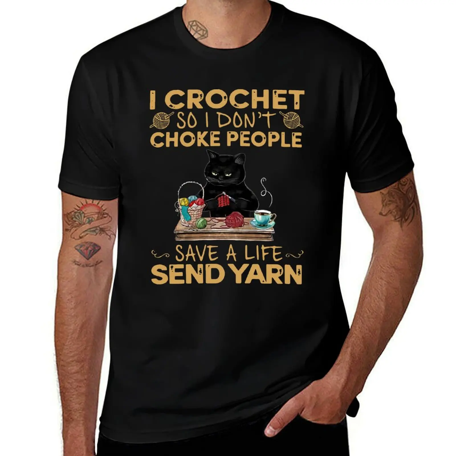 

Футболка из пряжи Black Cat I Crochet So I Don't Choke People, подарки для парня, топы, хлопковая футболка для мужчин