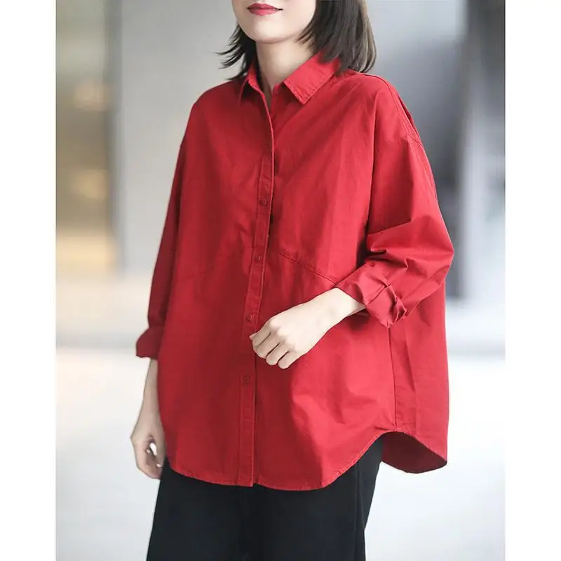 Red Long Sleeved Shirt For Women\'s 2023 New Spring And Autumn Loose Casual Lapel Top