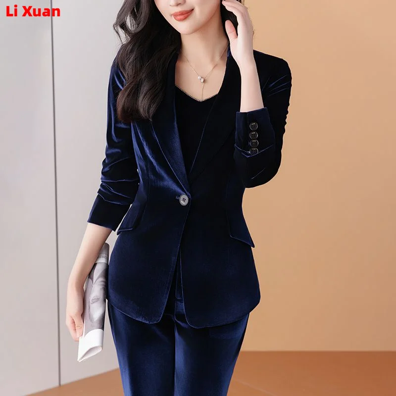 Women\'s Thick Warm Formal Blazer and Pants Suit, Quality Shiny Velvet, Office Work Wear, Winter, 2 Pcs