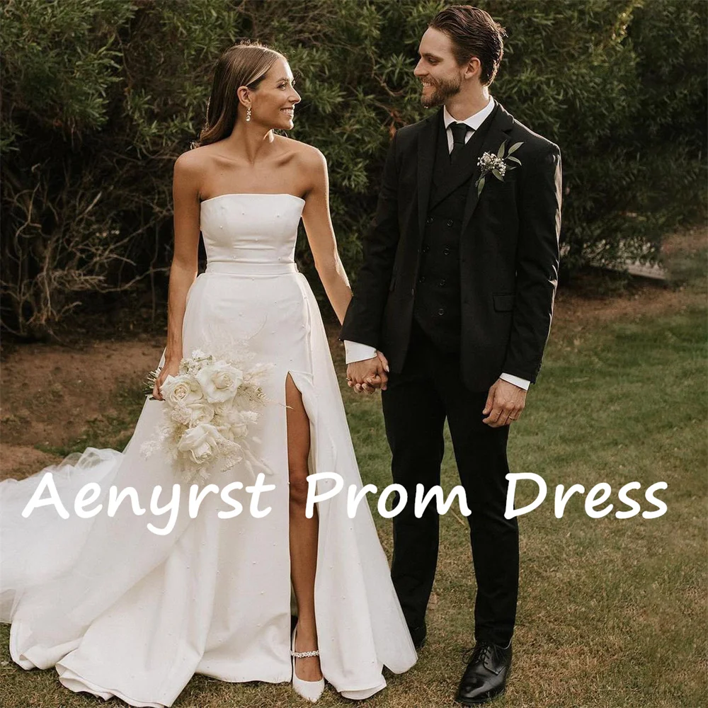 Aenyrst-Simples Strapless A Linha de cetim vestidos de casamento, Boho nupcial Ball Gowns, Side High Split, Tribunal Train, Longo