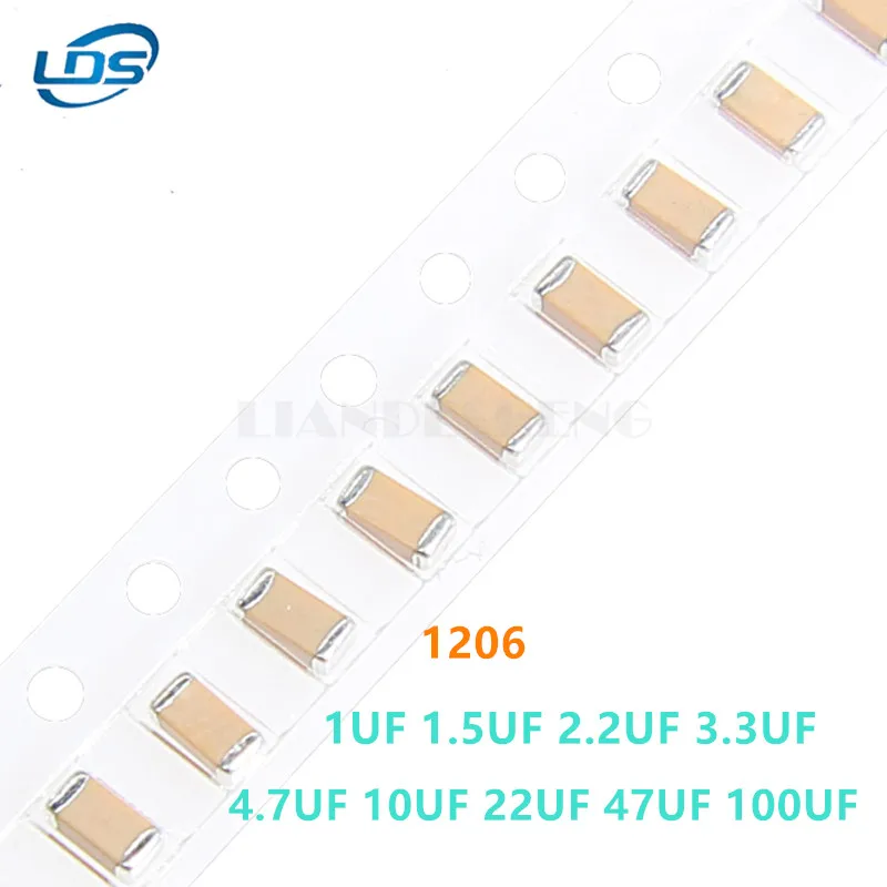 100pcs SMD Ceramic Capacitor 1206 1uF 1.5uF 2.2uF 3.3uF 4.7uF 10uF 22uF 47uF 100uF