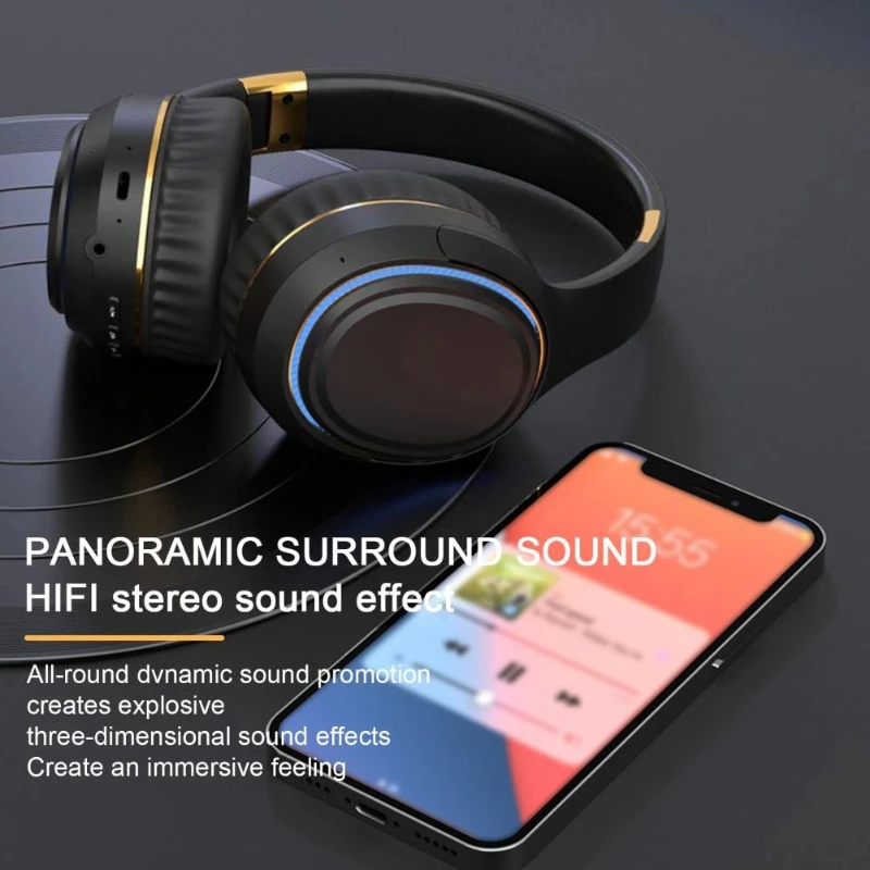 وظيفة تقليل الضوضاء ستيريو HI-FI محمولة، سماعة بلوتوث 5.3 لاسلكية مثبتة على الرأس مع عمر بطارية طويل وإضاءة RGB