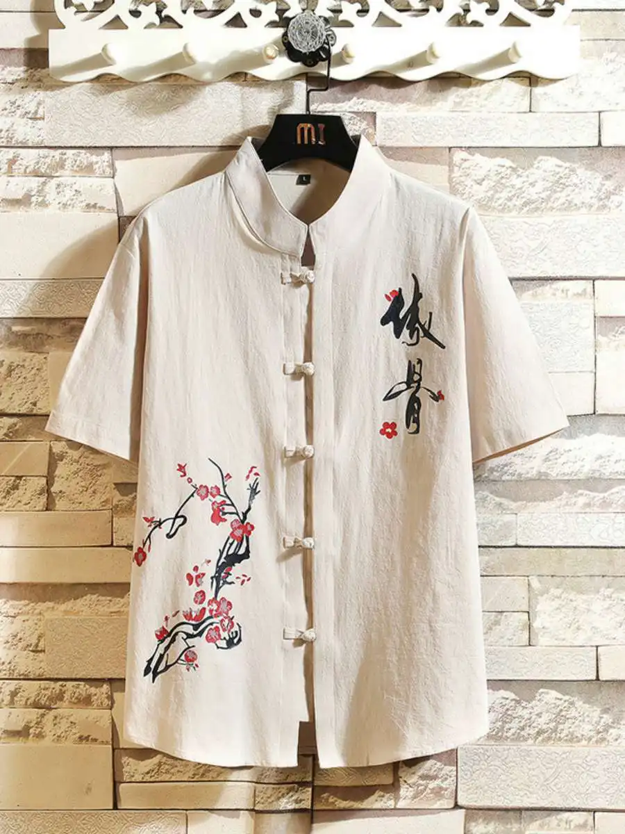 

Новая летняя мужская свободная рубашка из хлопка и льна с винтажным принтом и воротником-стойкой, повседневный топ для мужчин