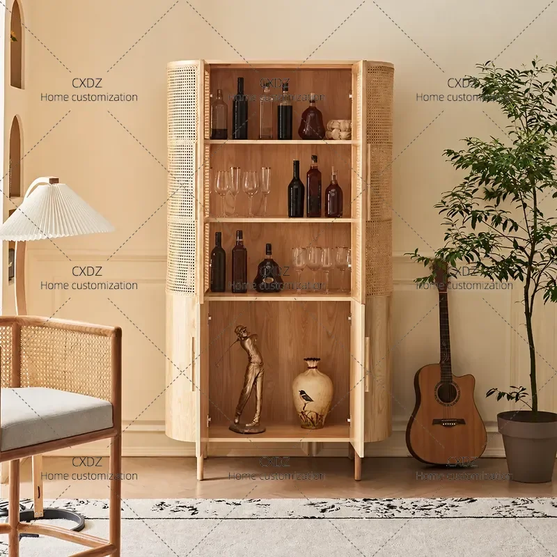 Nordic Rattan Cabinet Door Display Wine Cabinet Multi-functional Ash Wood Solid Wood Double Door Multi-layer Partition