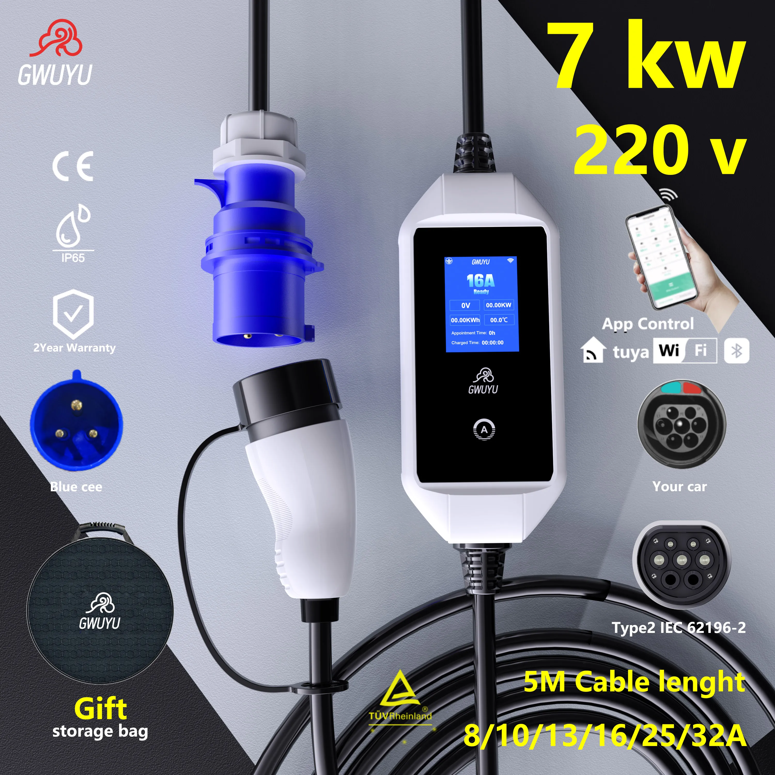 

GWUYU EV Portable Charger Type2 / GB/T Plug Connector 16A 1Phase 3.5KW Type1 5m Wallbox Charging Station for Electric Vehicle
