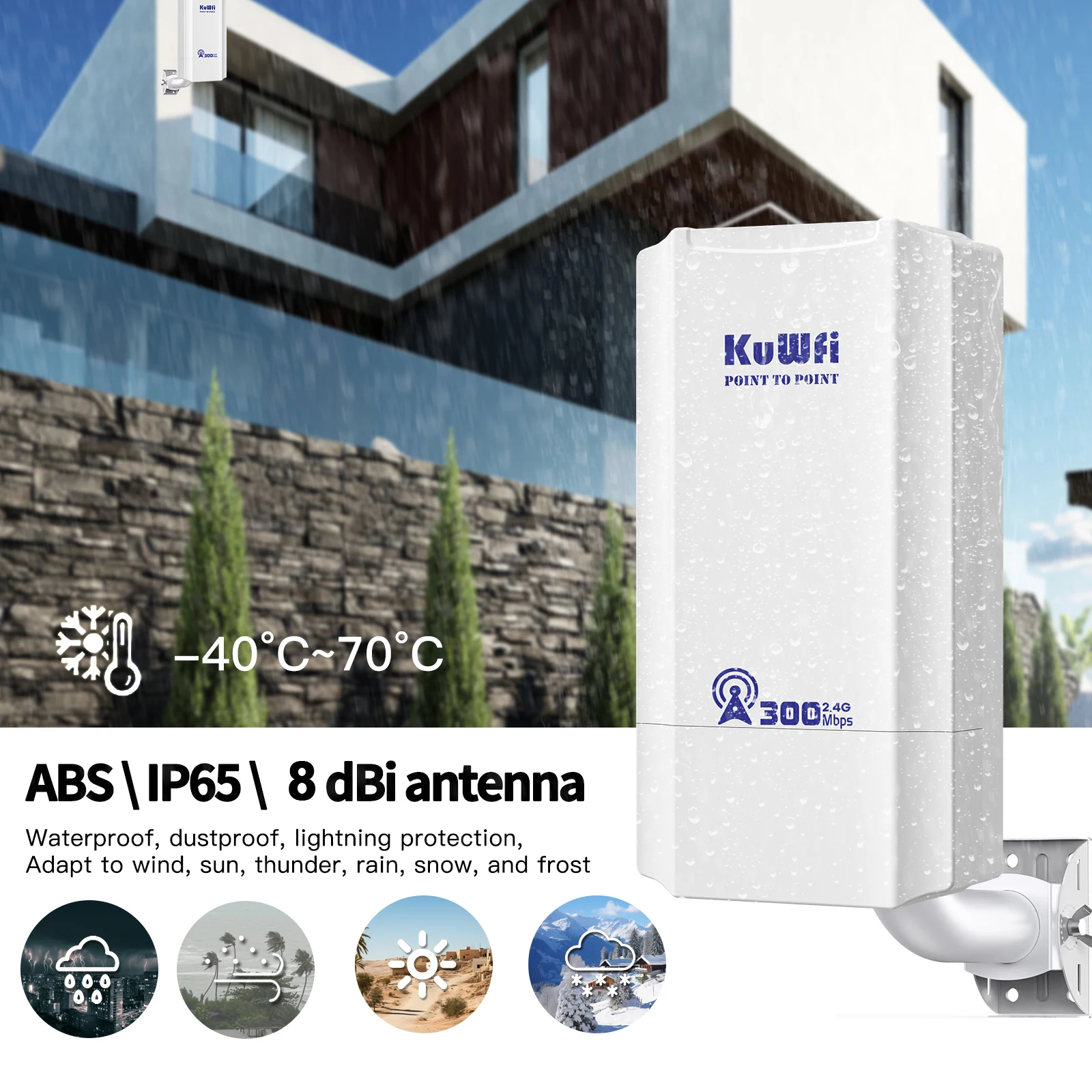 KuWFi 300Mbps CPE 브리지, 2.4Ghz 무선 Wi-Fi, 야외 포인트 투 포인트, 최대 1km 신호 익스텐더, 지지대 AP 리피터 모드, 24V POE