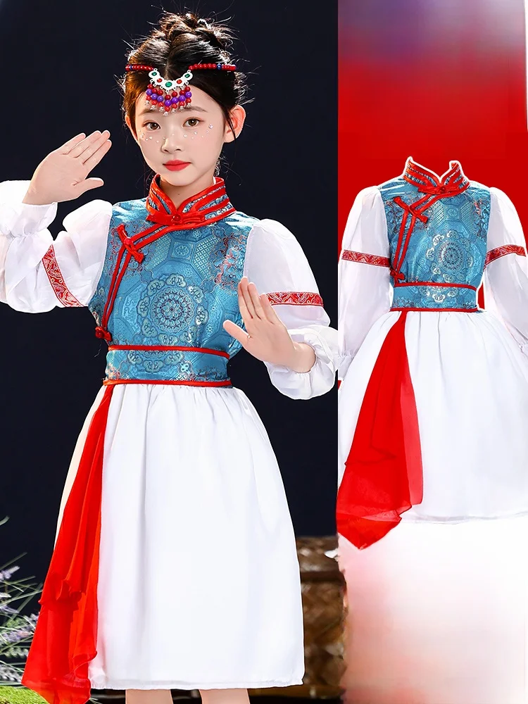 

Детская монгольская этническая танцевальная одежда: белое платье, национальная одежда для девочек, костюмы для сценических выступлений