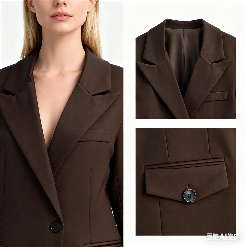

Women's Dark Brown Single Button Blazer, Oversized Lapel Tailored Jacket, Elegant Office & Casual Outerwear