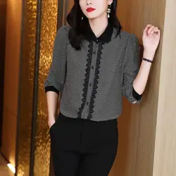 Fashion Lapel Spliced Lace Printed Houndstooth Shirts Women's Clothing 2024 Autumn New Loose Elegant Tops Office Lady Blouses