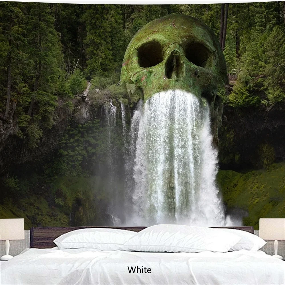 Natural Skull Head Water Spray Waterfall 3D Printing Tapestry Wall Home Decoration Wall Background Cloth(95X73cm/150X100 Cm)