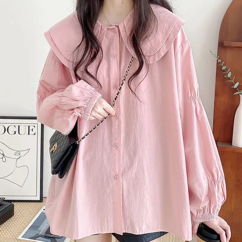 

plus Size Men's Long Sleeve Shirt with Lantern Cuffs And Doll Collar Pink Spring Autumn Casual Shirt Loose Fit American Style