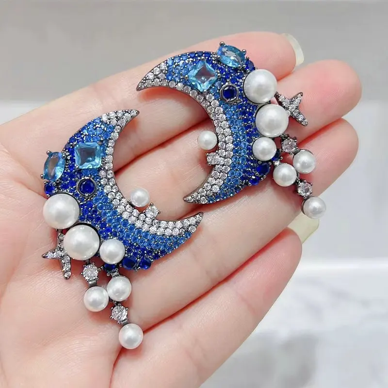 

Bilincolor Royal Blue Cubic Zirconia and White Pearl Moon Earring for Women