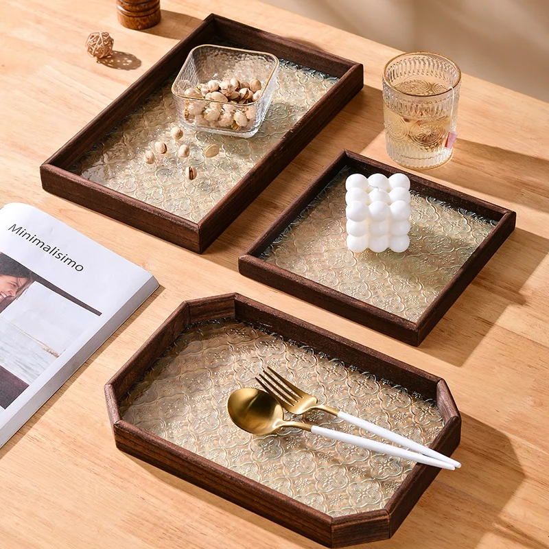 Long Rectangle Tea Set Storage Tray Vintage Floral Pred Glass Serving Plate Fruit Tray Dert Holder Home Dining Table
