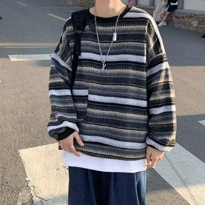 

Мужской свитер в полоску в стиле ретро, повседневный свободный накладной корейский трендовый бренд Lazy Sle, зимняя модная верхняя одежда из полиэфирного волокна