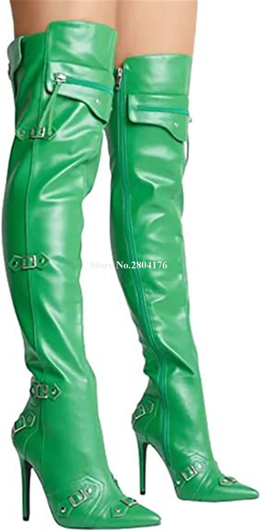 

Newest Green Black Over-the-Knee Boots Sexy Slim Style Pointed Toe Metal Buckles Matte Leather Stiletto Heel Long Boots