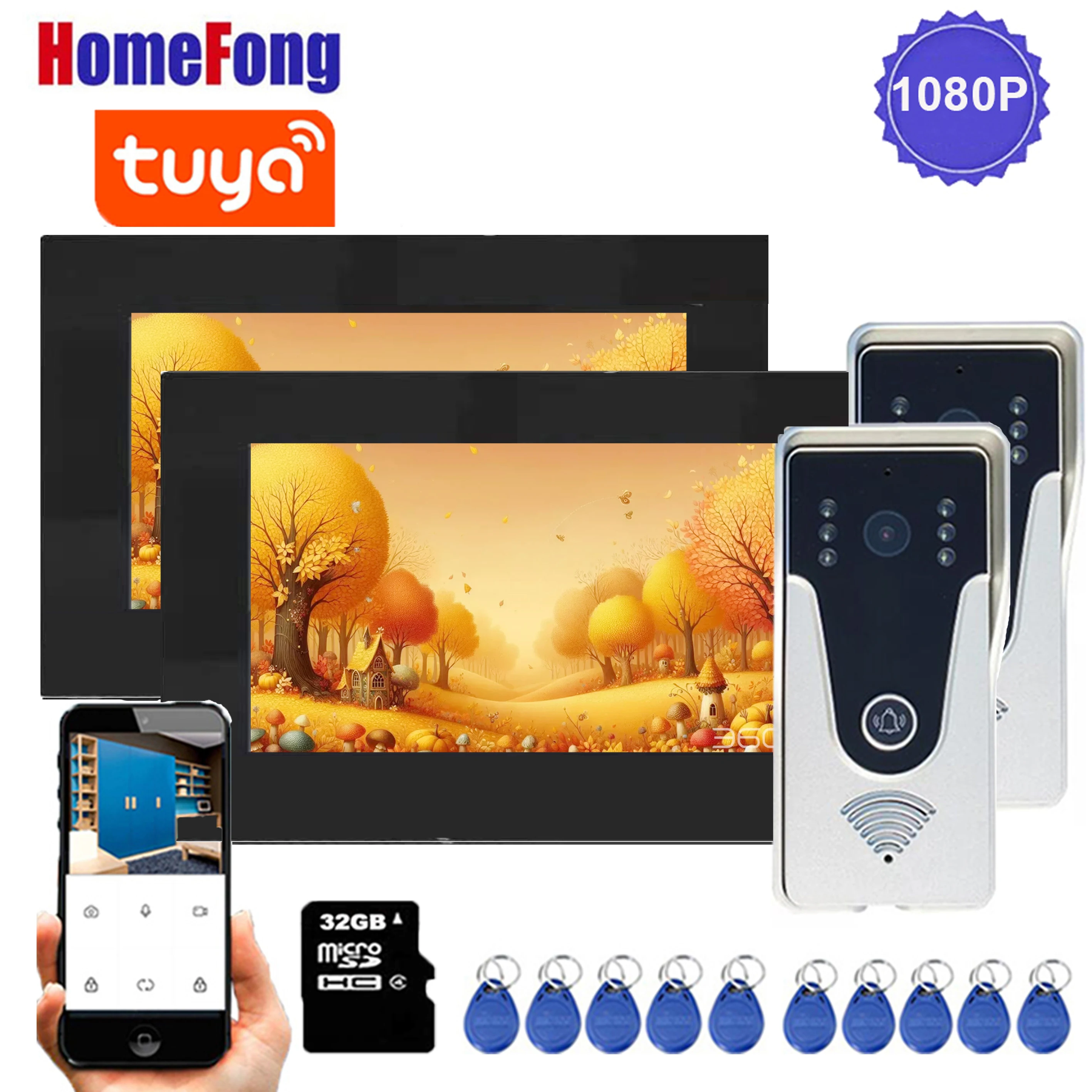 Homefong sistem interkom WiFI 7 inci, untuk Monitor rumah, panggilan, pintu Transfer, telepon, 1080P, bel pintu RFID, buka kunci pintu Tuya App Remote