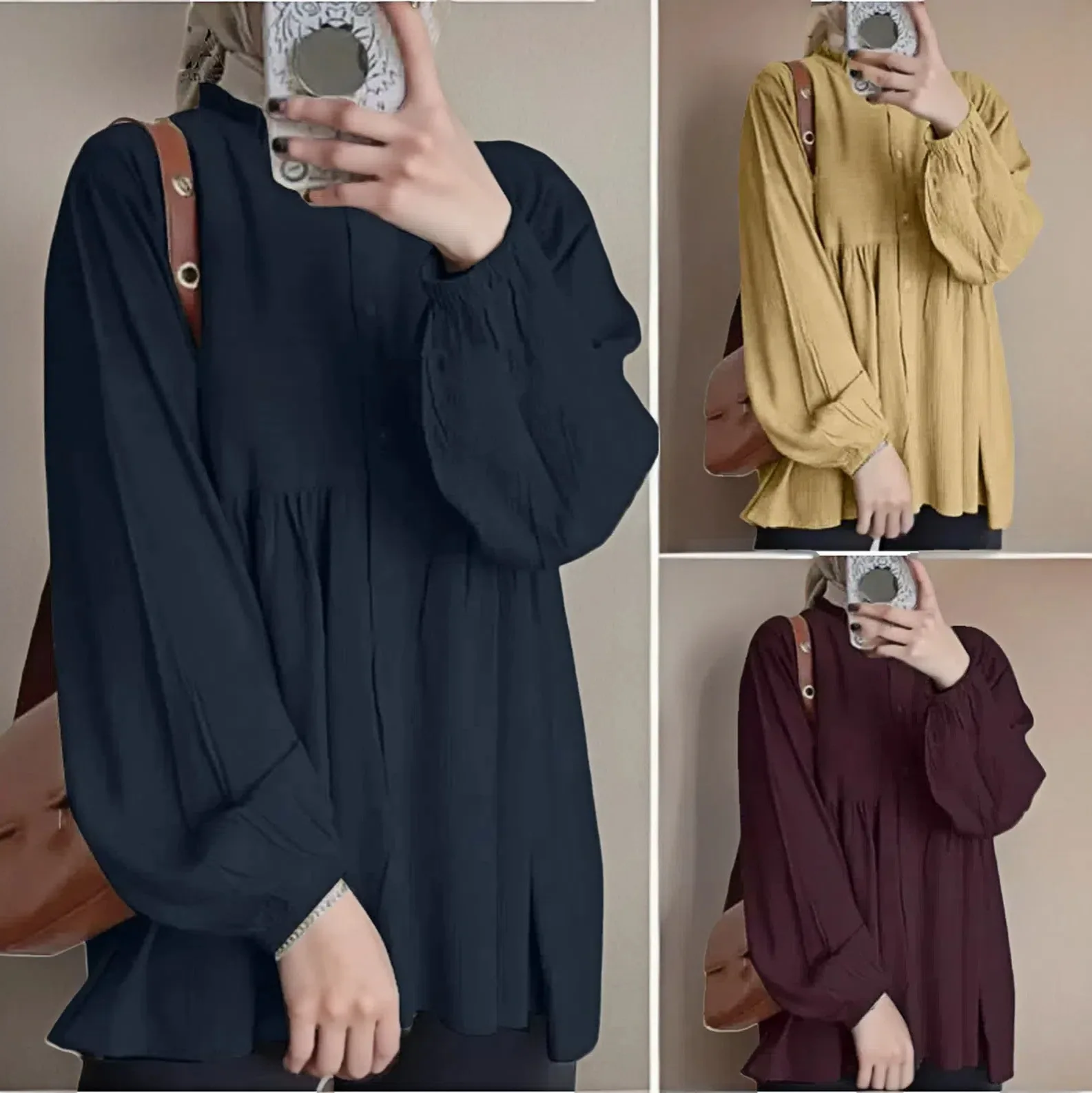 

Мусульманская рубашка, женский топ, круглый воротник, оборки, верхняя рубашка, однобортный рукав-фонарик, осень, Дубай, Марокко, Рамадан, скромные топы