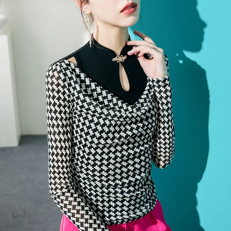 Fashion Printed Button Hollow Out Houndstooth Blouse Women's Clothing 2023 Autumn Winter New Casual Pullovers Office Lady Shirt