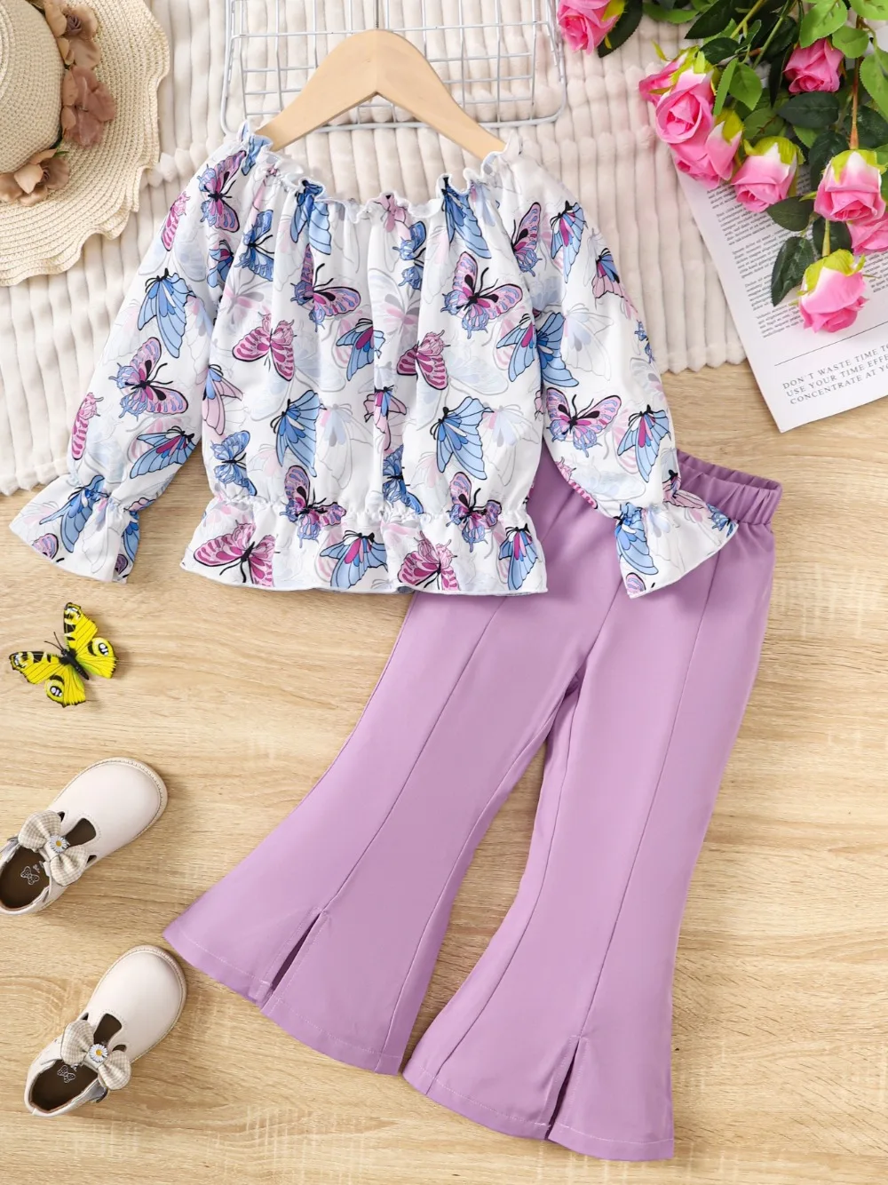 2PCS Children Girl Clothes Suit Fashion Cute Floral Long Sleeved Top+Trumpet Pants Spring&Autumn Set for Kids Girl 2-7 Years