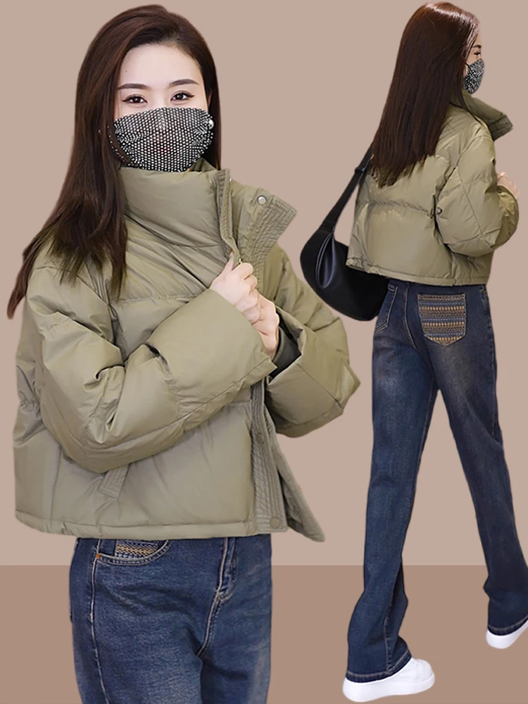 

Women's down Cotton Jaet Loose Fit Faionable Thiened Bread Sle ort Coat Korean Version Regular Sve Long Zipper
