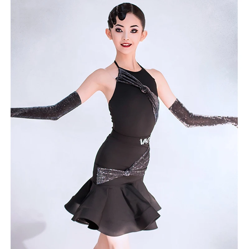 Black Latin Dance Dress For Girls Kids Latin Dance Competition Clothing Shining Gloves Performance Suit Cha Cha Dress BL13573