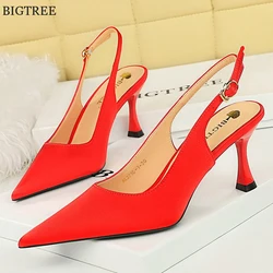 BIGTREE Sexy Women High Heels 7CM Party Pumps Red Black Solid Silk Sandals Ladies Slingback Mules Pointed To Prom Wedding Shoes