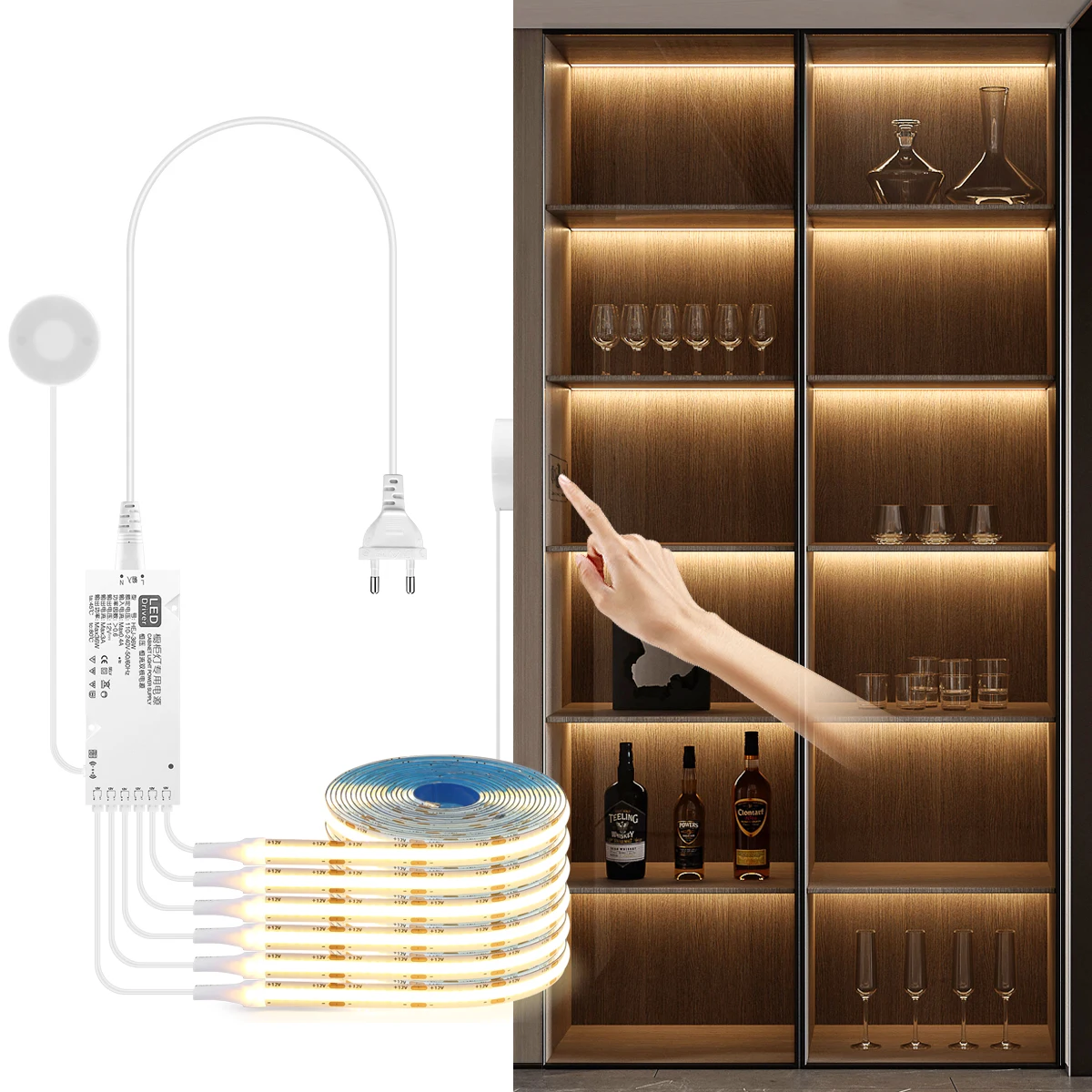 

12V COB LED Tape Under Cabinet Collection Display Motion Touch Sensor Dimmable LED Strip Light Bookcase Wardrobe Closet Lamp