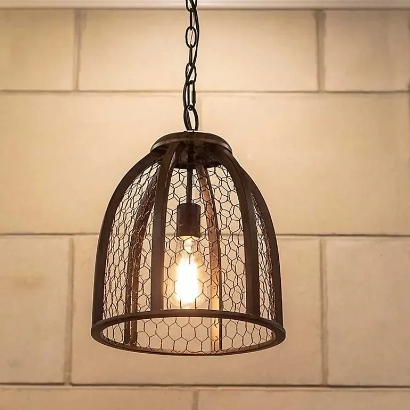 

GHEUVNJ American style chandelier retro vintage rough iron mesh pendant coffee shop Western restaurant tea house decoration lig