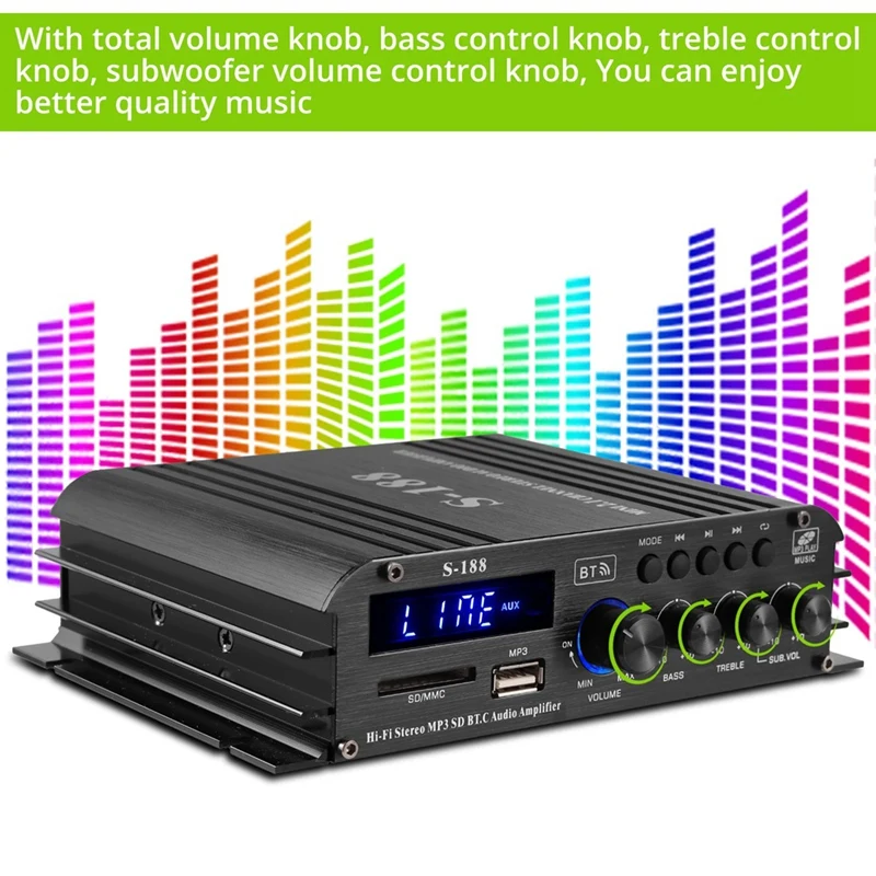 90W S-188 Bluetooth Stereo Hifi Amplifier 2.1 CH Audio Power Amplifier Bass Treble Control Music Player Amp EU Plug Easy Install