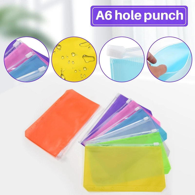 14 piezas de carpetas con bolsillos tamaño A6, carpeta con 6 agujeros, carpetas con cremallera, bolsas de hojas sueltas de PVC impermeables para cuaderno de 6 anillas