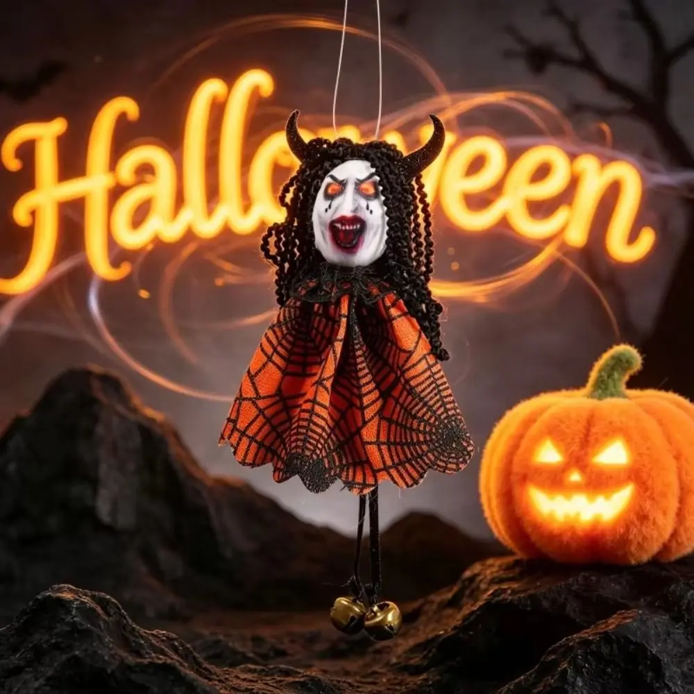 Creative Design Grimace Decoration Pendant Plush Material with Bells Halloween Ghost Doll Ornaments Web Pattern Ghost Decoration