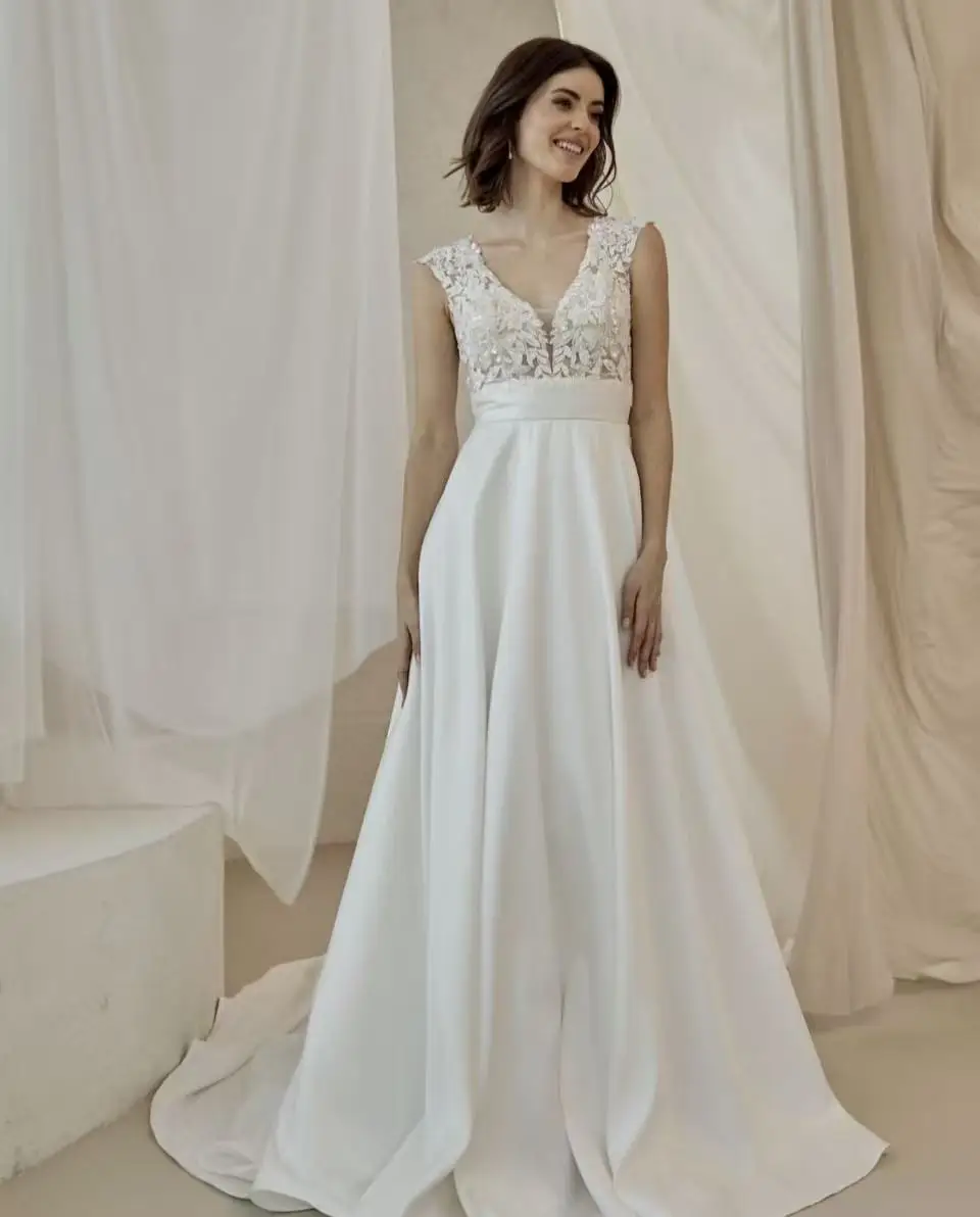 Очаровательные свадебные платья трапециевидной формы, роскошный халат невесты с v-образным вырезом, кружевные свадебные платья, аппликации по индивидуальному заказу, Vestidos De Noiva