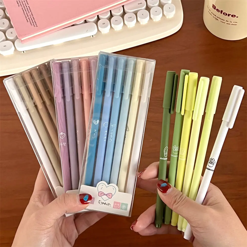 6Pcs/set Korean Ins Cute Gradient Color Gel Pen 0.5mm Black Ink Student Exam Homework Pen Kawaii Girl Stationery School Supplies