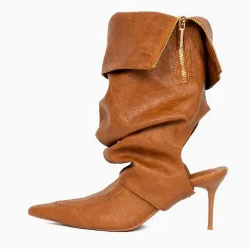 Botas Retro de cuero liso marrón y morado con punta en pico y borde vuelto para mujer, botas a media pantorrilla, botas finas de tacón alto a la moda