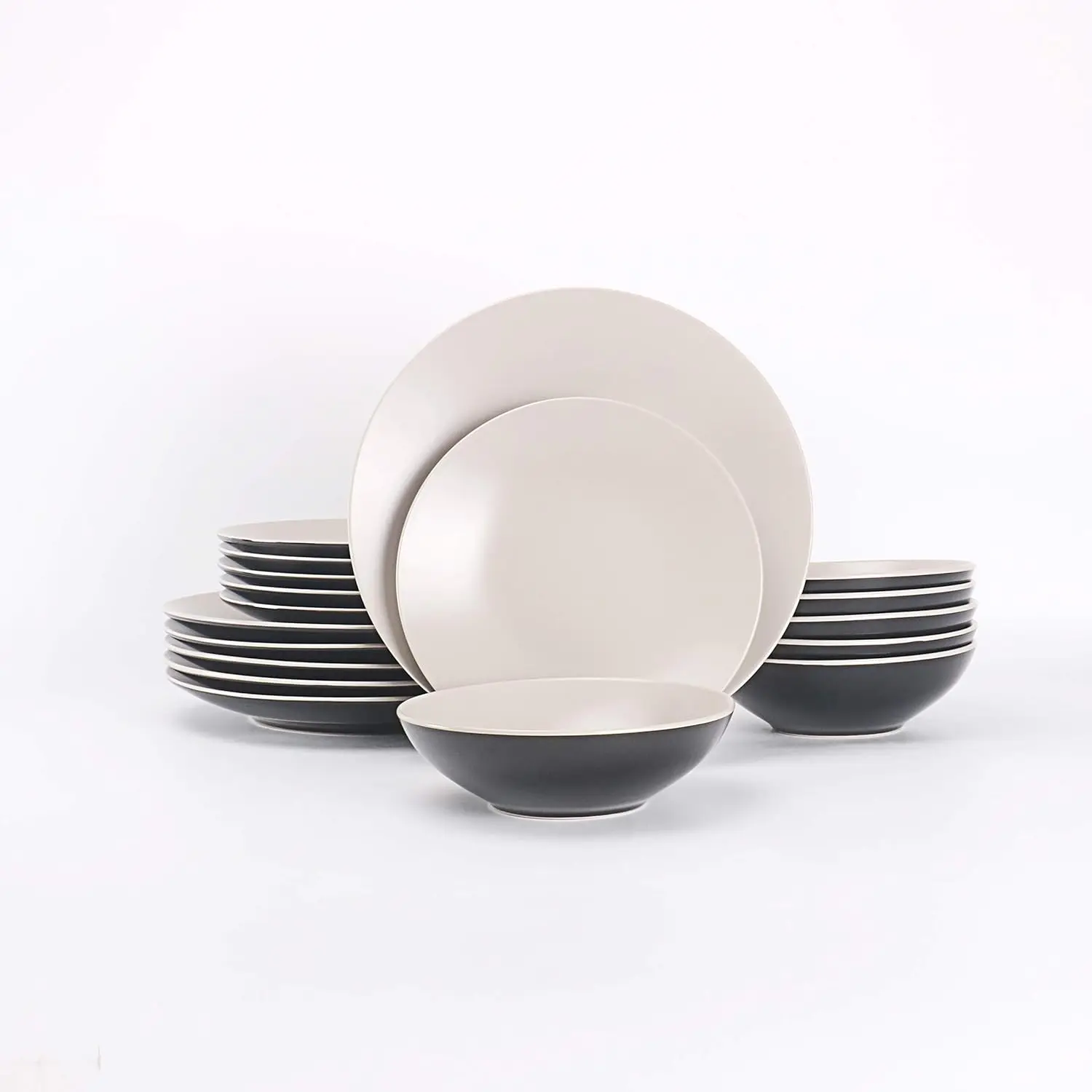 

Stoneware Two-Tone Colors Life 18pc Dinner Set, Outside Shiny Black + Inside Matte Glaze Light Beige