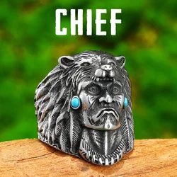 Wolf Indian Chief Men Rings Stainless Steel Women Jewelry Turquoise Punk Rock Cool Stuff Fashion Accessories Gift Wholesale
